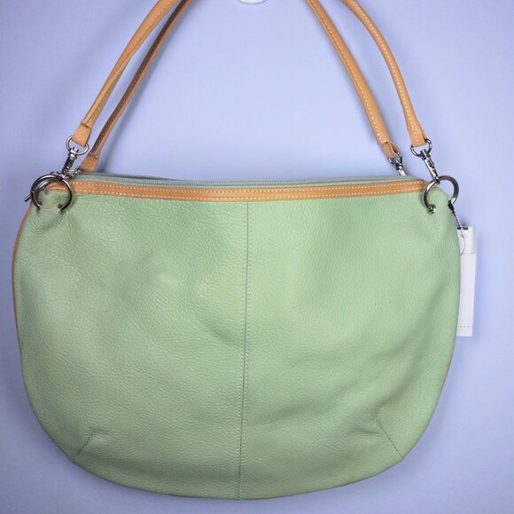 Maxx Studio New York Pebble Leather Hobo Shoulder Bag Sage Green NWT Tan Handles - Picture 1 of 7